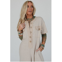 Beige Half Placket Chest Pockets Short Sleeve Wide Leg Jumpsuit - L thumbnail