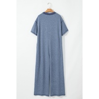 Beau Blue Half Placket Chest Pockets Short Sleeve Wide Leg Jumpsuit - L thumbnail
