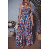 Pink Floral Smocked Bust Spaghetti Straps Wide Leg Jumpsuit - L thumbnail