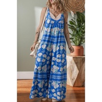 Blue Floral Print Wide Leg Sleeveless Jumpsuit - M thumbnail
