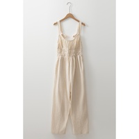 Beige Ruched High Waist Sleeveless Wide Leg Jumpsuit - L thumbnail