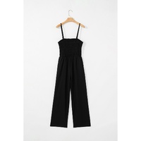 Black Spaghetti Straps Shirred Bodice Pocketed Wide Leg Jumpsuit - S thumbnail