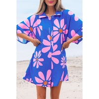 Blue Summer Flower Print Shirt Collar Button Front Loose Romper - S thumbnail