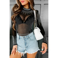 Black Rhinestone Sheer Mesh Long Sleeve Bodysuit - M thumbnail