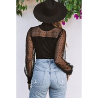 Black Sheer Dotty Long Sleeve Ribbed Velvet Bodysuit - M thumbnail