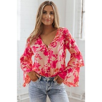 Pink Floral Print Tiered Bell Long Sleeve Buttoned Bodysuit - L thumbnail