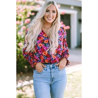 Floral Print Wrap V Neck Long Sleeve Bodysuit - M thumbnail
