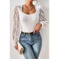 White Frenchy Contrast Lace Bishop Sleeve Bodysuit - M thumbnail