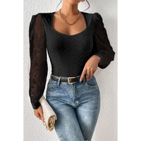 Black Frenchy Contrast Lace Bishop Sleeve Bodysuit - L thumbnail