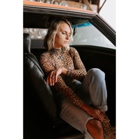 Brown Leopard Smocked Neck Mesh Long Sleeve Bodysuit - L thumbnail