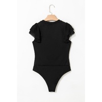 Black Solid Ruffled Mesh Patchwork Sleeve Bodysuit - L thumbnail