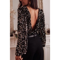 Black Deep V Back Sequin Puff Sleeve Bodysuit - XL thumbnail