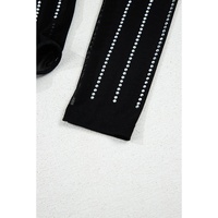 Black Rhinestone Decor Striped Mesh Long Sleeve Bodysuit - XL thumbnail