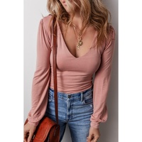Fushia Plain V neck Long Sleeve Casual Bodysuit - L thumbnail