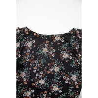 Black Floral Print U Neck Short Puff Sleeve Bodysuit - XL thumbnail