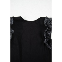 Black Leatherette Ruffle Patchwork Ribbed V Neck Bodysuit - S thumbnail