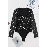 Black Heart Shape Mesh Patchwork Square Neck Bodysuit - L thumbnail