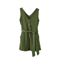 Green Button V Neck Romper with Belt - S thumbnail