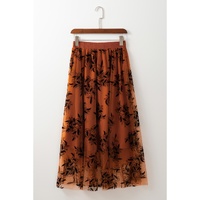 Gold Flame Floral Leaves Embroidered High Waist Maxi Skirt - M thumbnail