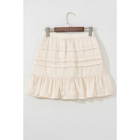 Beige Tiered Ruffled Hemline Elastic Waist Mini Skirt - M thumbnail