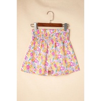 Pink Boho Floral Shirred High Waist Casual Shorts - L thumbnail
