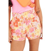 Orange Boho Floral Shirred High Waist Casual Shorts - L thumbnail