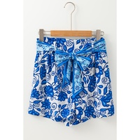 Blue Floral Print Pocketed Front Knot High Waist Casual Shorts - XL thumbnail