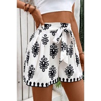Black Tribal Geometric Print Belted High Waist Casual Shorts - L thumbnail