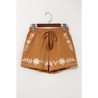 Khaki Embroidered Boho Tasseled Drawstring Elastic Waist Casual shorts - L thumbnail