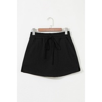Black French Terry Drawstring Mini Skort with Pockets - M thumbnail