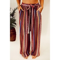 Red Boho Ethnic Striped Print Tie Waist Wide Leg Pants - S thumbnail
