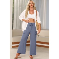 Dark Grey Drawstring Frilled Waist Wide Leg Utility Trousers - L thumbnail