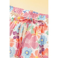Pink Floral Smocked Waist Loose Pants - L thumbnail
