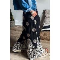 Black Bohemian Printed Drawstring Waist Wide Leg Pants - M thumbnail