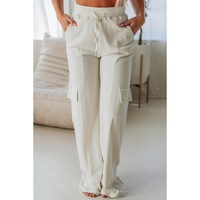 Beige Plain Cargo Pockets High Waist Casual Sweatpants - S thumbnail