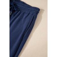 Navy Blue Solid Color Fleece Lined Drawstring Waist Joggers - S thumbnail