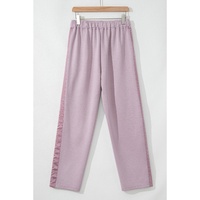 Orchid Petal Drawstring Waist Satin Stripe Patch Straight Leg High Waist Pants - L thumbnail
