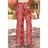 Red Paisley Printed Buttoned High Waist Straight Leg Pants - L thumbnail
