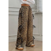 Brown Leopard Print Bow Tie Drawstring Elastic Waist Loose High Waist Pants - L thumbnail