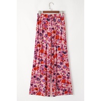 Purple Floral Wide Leg Elastic High Waist Pants - L thumbnail