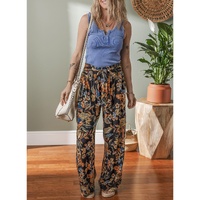Multicolour Floral Shirred High Waist Wide Leg Pants with Tie - L thumbnail