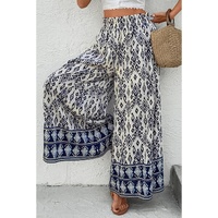 Blue Boho Pattern Print High Waist Wide Leg Loose Pants - L thumbnail