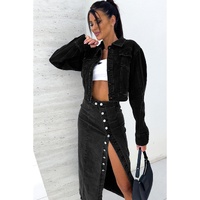 Black Button Fly Side Split High Waist Denim Midi Skirt - XL thumbnail