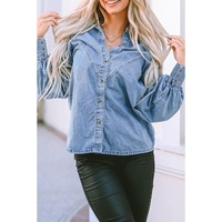 Azura Exchange V-shape Stitching Puff Sleeve Denim Shirt - L thumbnail