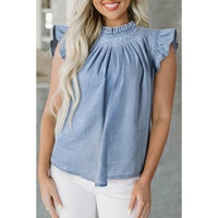 Beau Blue Frilly Pleated Button Back Retro Chambray Top - XL thumbnail