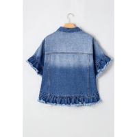 Peacock Blue Raw Edge Ruffled Short Sleeve Denim Jacket - S thumbnail