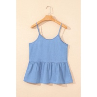 Sky Blue Casual Ruffled Spaghetti Straps Denim Tank Top - M thumbnail