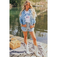 Sky Blue Star Print Light Wash Raw Hem Denim Jacket - L thumbnail