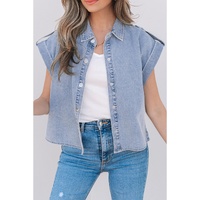 Dusk Blue Denim Pinup Folded Cap Sleeve Shirt - S thumbnail