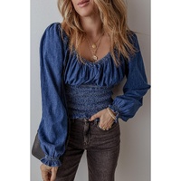 Dark Blue Smocked Ruffled Puff Sleeve V Neck Denim Blouse - XL thumbnail